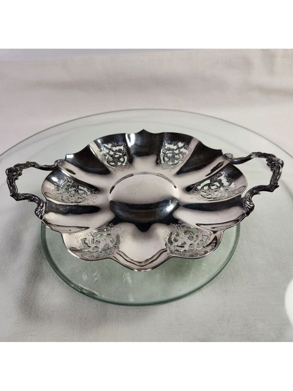 Essay Silver Plated Tray with Handles Footed Small Round Dish Scalloped Edge